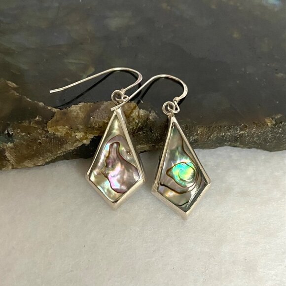 Sterling Silver 925 1.68" Kite Shaped Abalone Shell Inlay Dangle Earrings - Picture 7 of 16